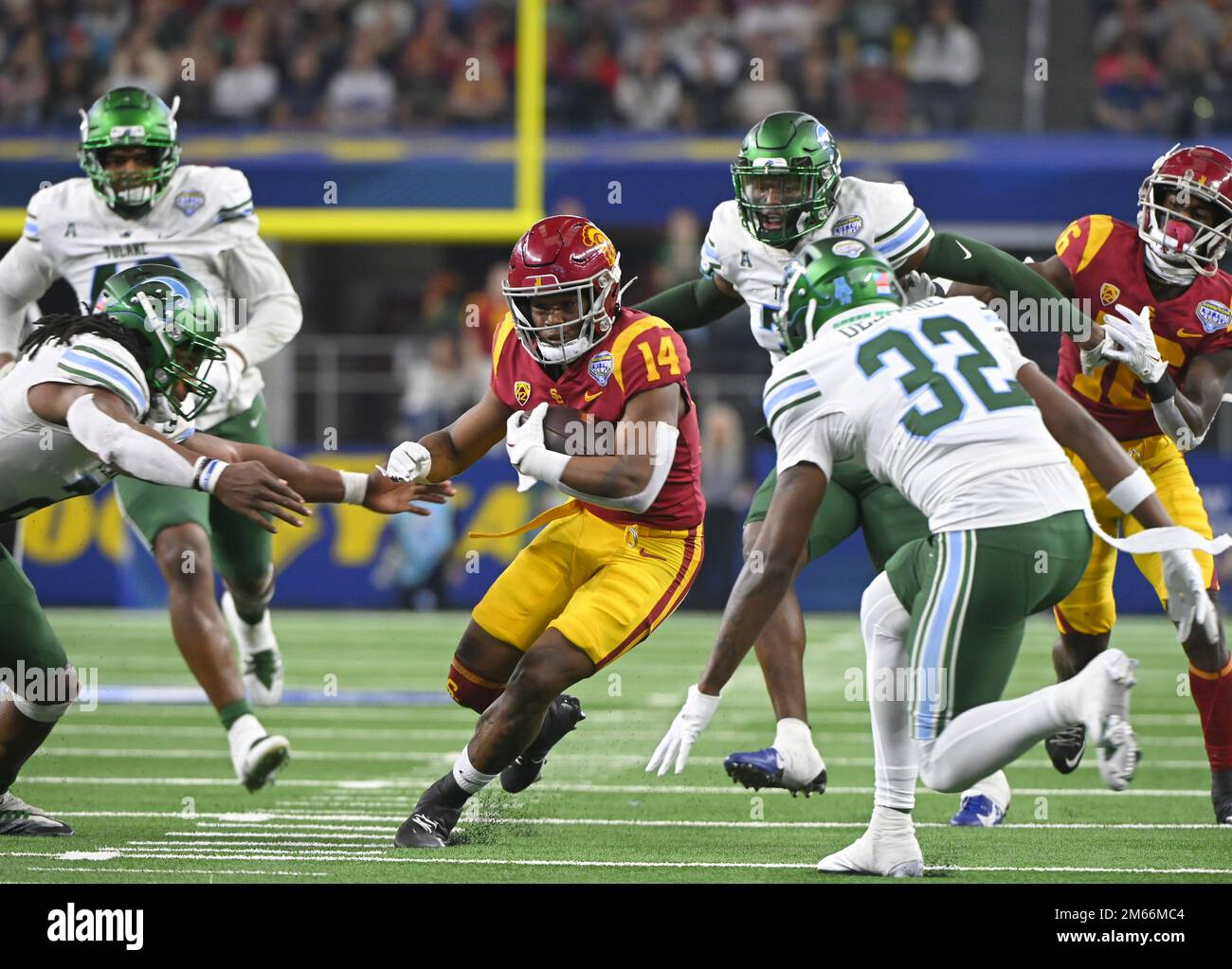 Arlington, United States. 02nd Jan, 2023. USC's Releek Brown runs against Tulsa in the 2023 Goodyear Cotton Bowl Classic on Monday, January 2, 2023 at AT&T Stadium in Arlington, Texas. Tulsa defeated USC 46-45. Photo by Ian Halperin/UPI Credit: UPI/Alamy Live News Stock Photo