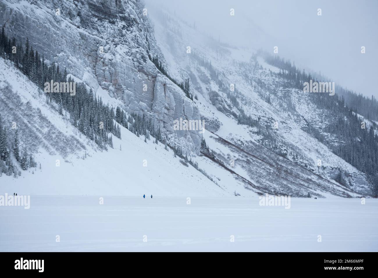 People are dwarfed against the backdrop of mountains at Lake Louise, Banff National Park. Stock Photo