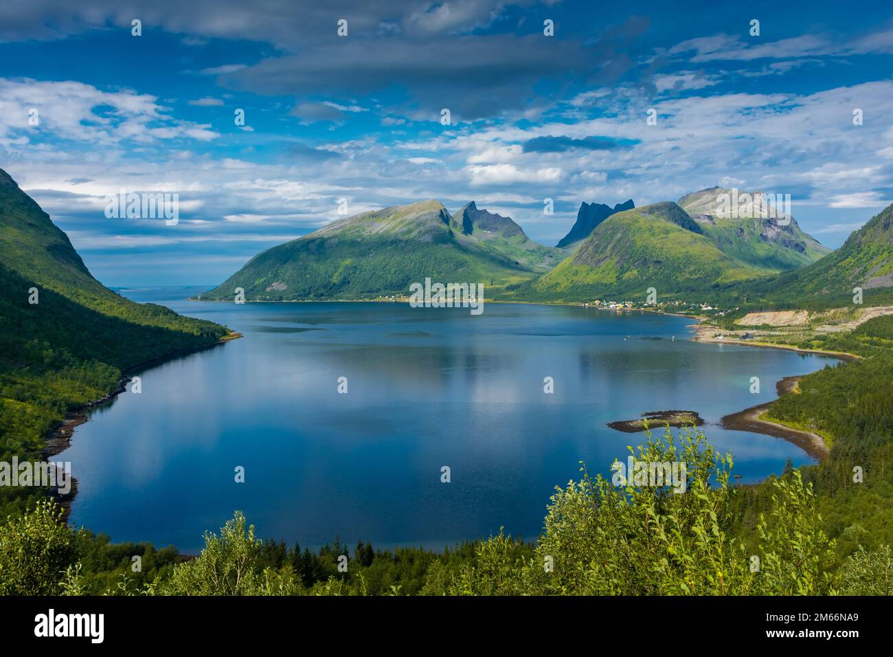 Beautiful landscape over the fjord of Senja Island from Bergsbotn ...