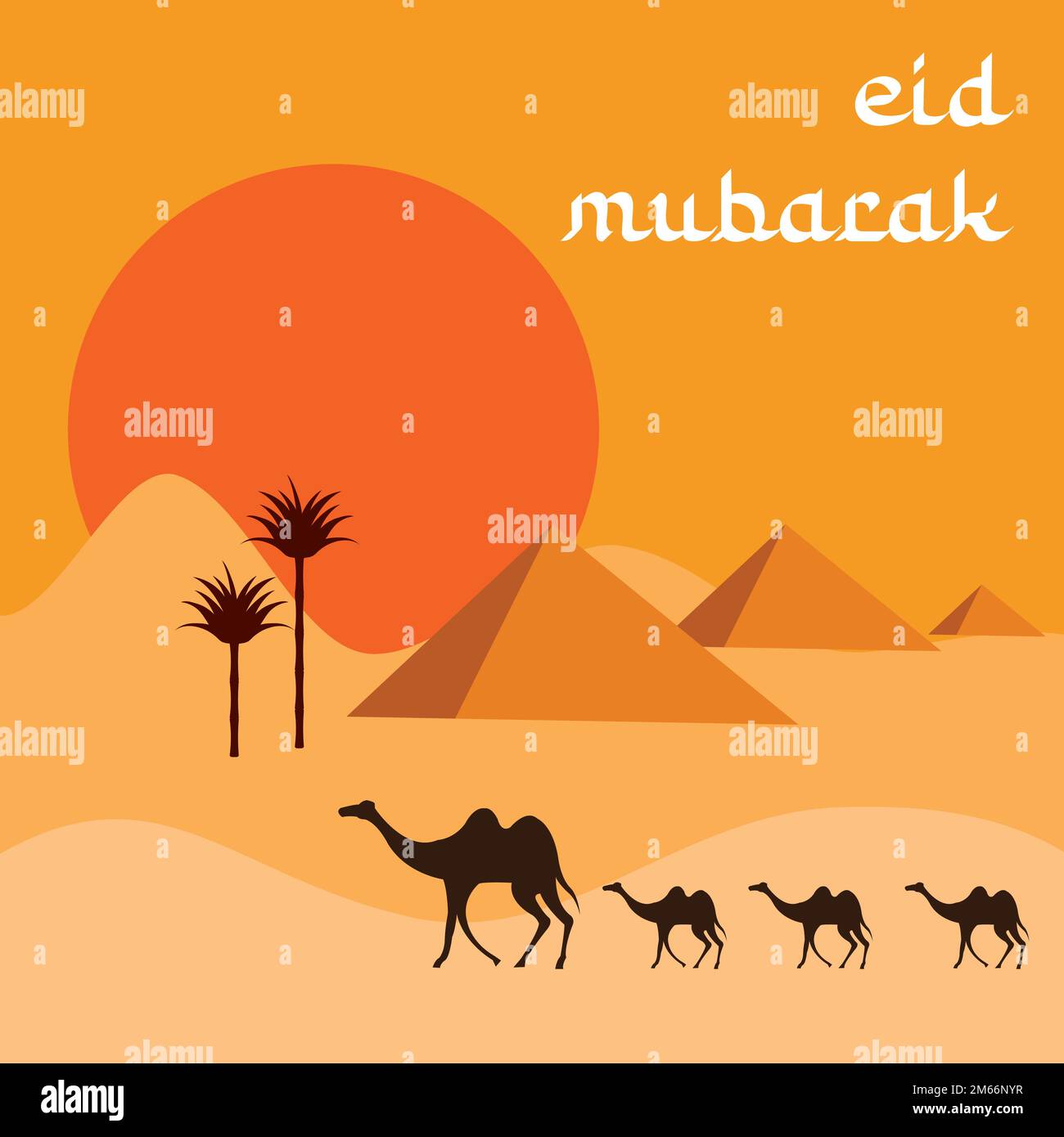 Camels walking on the desert during sunset Stock Vector