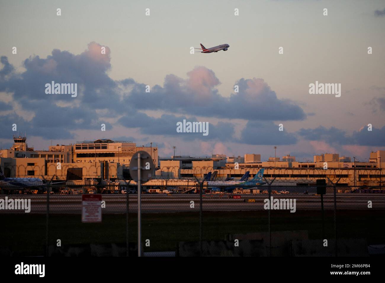 An American Airlines plane takes off from Miami International Airport after  the Federal Aviation Administration (FAA) said it had slowed the volume of  airplane traffic over Florida due to an air traffic