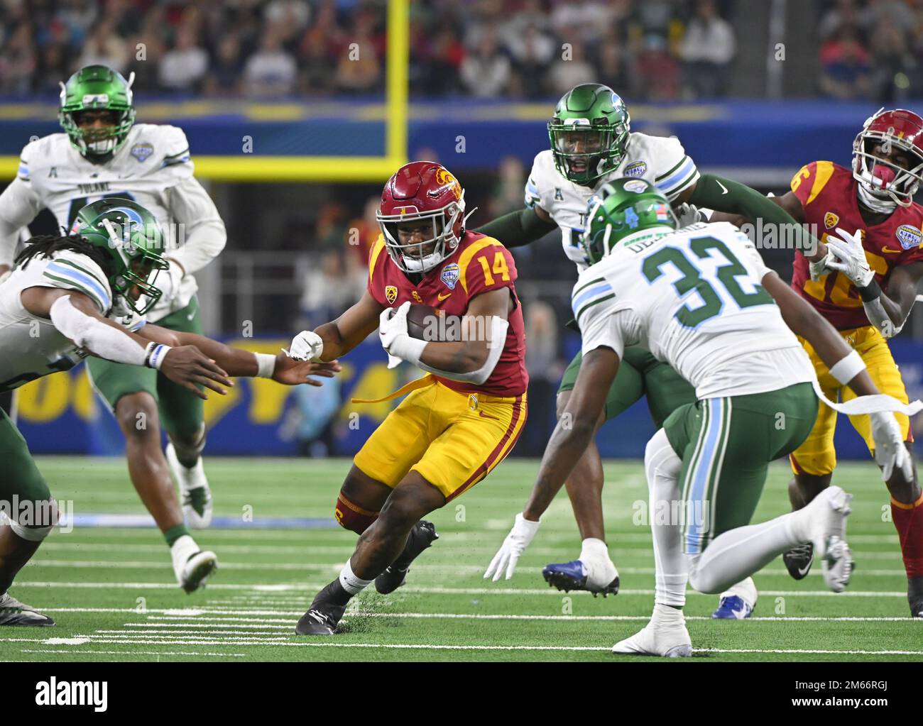 Arlington, United States. 02nd Jan, 2023. USC's Releek Brown runs against Tulsa in the 2023 Goodyear Cotton Bowl Classic on Monday, January 2, 2023 at AT&T Stadium in Arlington, Texas. Tulane defeated USC 46-45. Photo by Ian Halperin/UPI Credit: UPI/Alamy Live News Stock Photo