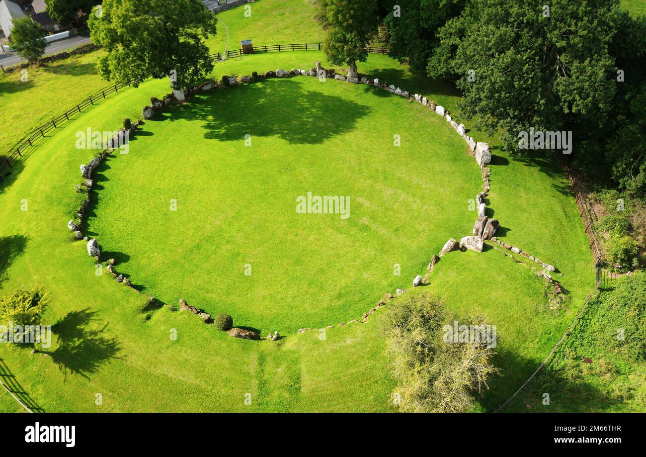 Grange stone circle. Lough Gur, Ireland. Neolithic. Aerial showing earth bank around 45m diameter 113 contiguous stones. Entrance is in N.E. quadrant Stock Photo