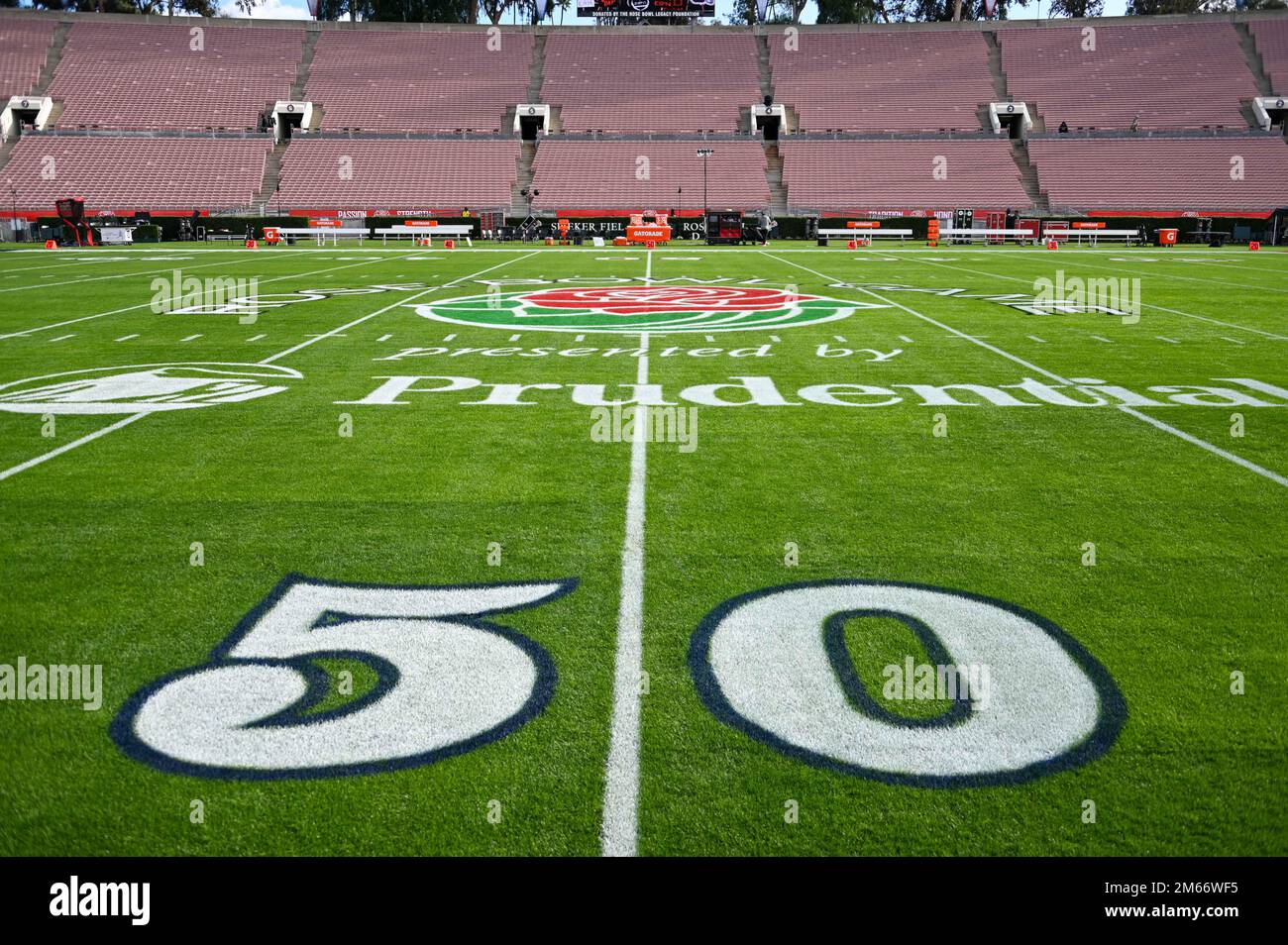 General overall view of the Rose Bowl Game logo on the field before the