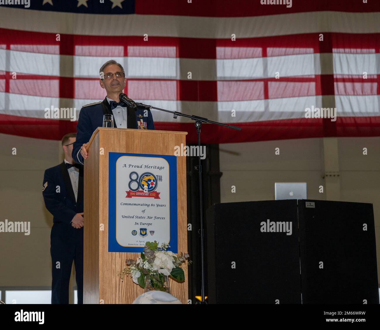 U.S. Air Force Lt. Gen. Steven Basham, U.S. Air Forces in Europe – Air Forces Africa deputy commander, hosts the U.S. Air Forces in Europe 80th Anniversary Ball at Ramstein Air Base, Germany, April 8, 2022. Ramstein AB conducts USAFE’s only airlift, airdrop and aeromedical evacuation flying operations providing rapid mobility and expeditionary combat support for military operations. Stock Photo