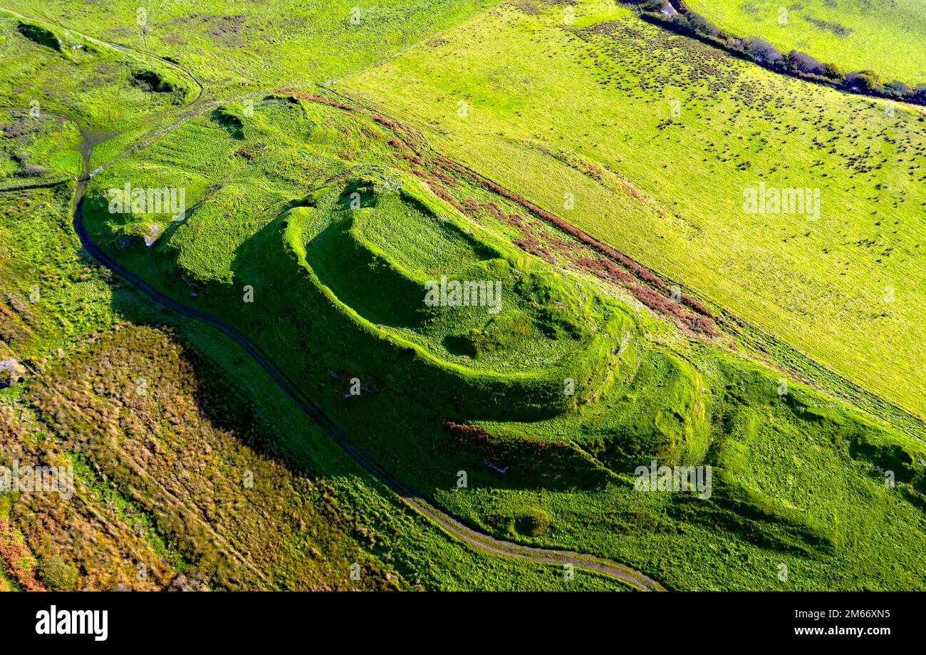 Dun Nosebridge multivalate prehistoric Iron Age fort hillfort above the River Laggan, Islay, Inner Hebrides, Scotland. Aerial. Looking East Stock Photo