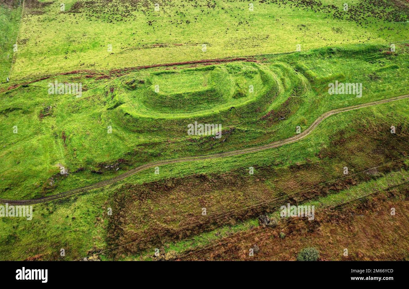 Dun Nosebridge multivalate prehistoric Iron Age fort hillfort above the River Laggan, Islay, Inner Hebrides, Scotland. Aerial. Looking S.E. Stock Photo