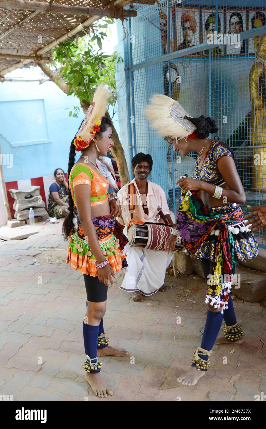 Tamil dancers preparing to perform in a cultural event in Madurai