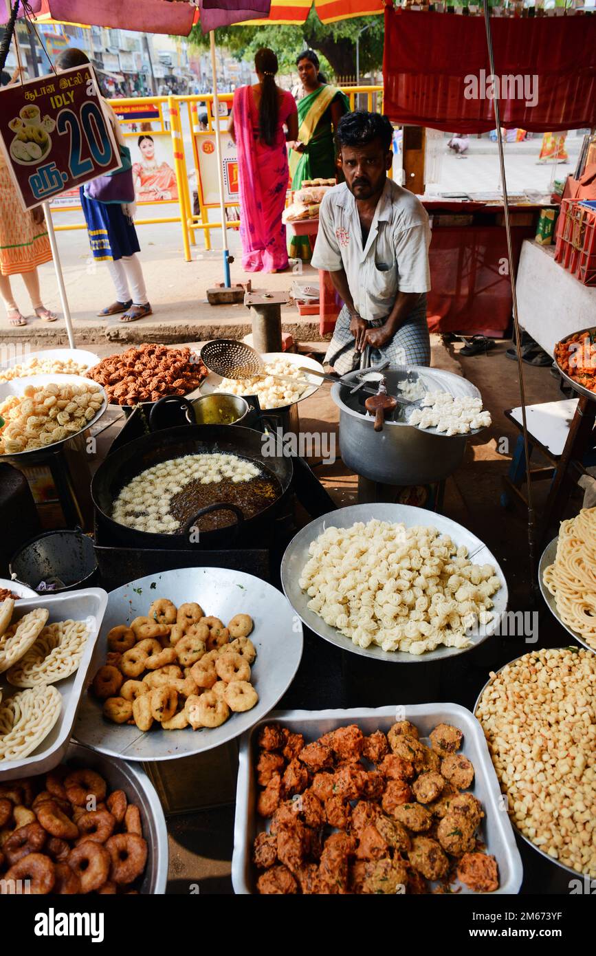 A Tamil savory snack vendor in Madurai, Tamil Nadu, India. Stock Photo