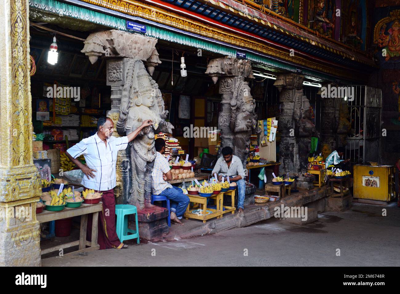 Craft shops at the Meenakshi Amman Temple in Madurai, Tamil Nadu, India. Stock Photo