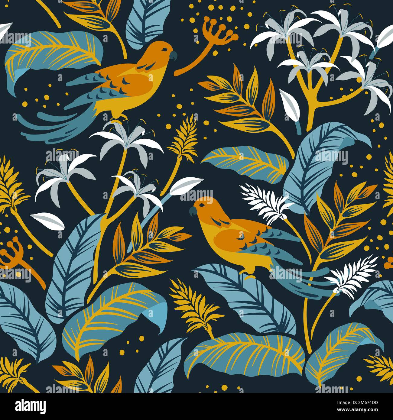 Colorful birds in nature seamless patterned background vector Stock