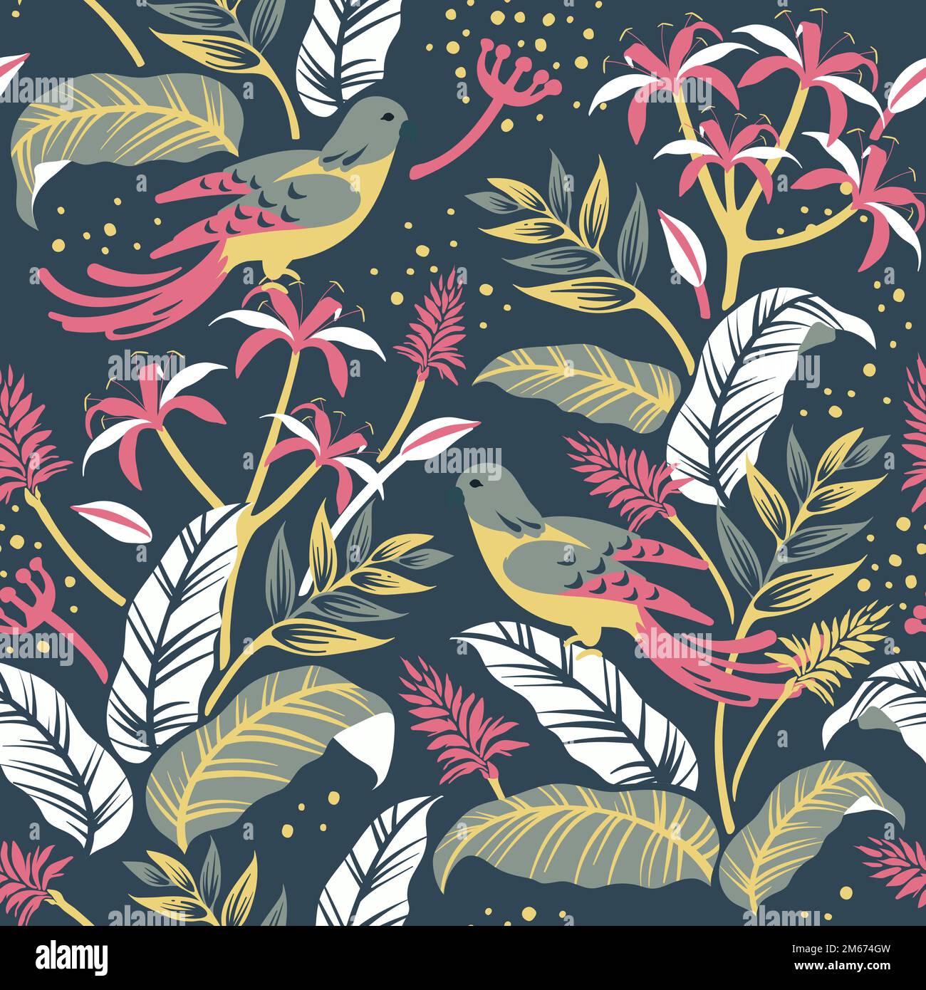 Colorful birds in nature seamless patterned background vector Stock Vector