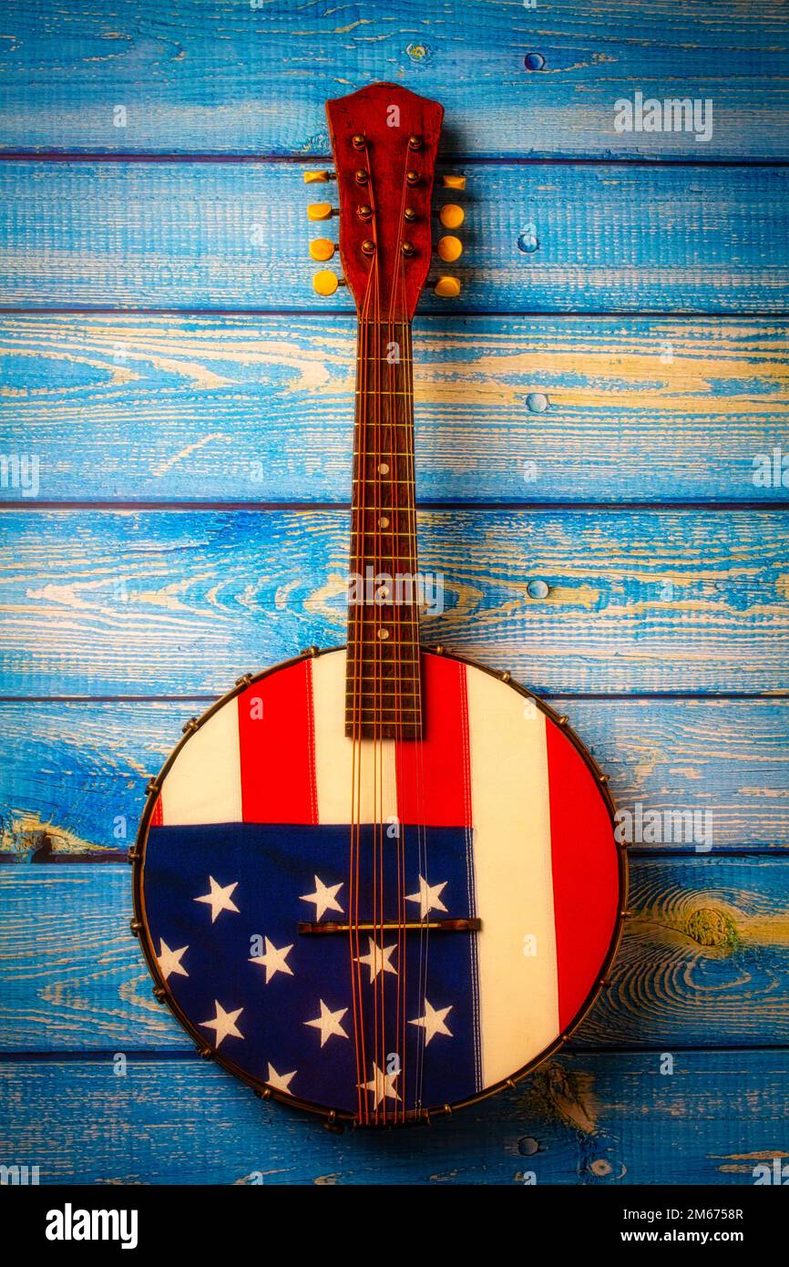 American Banjo On Blue Boards Stock Photo