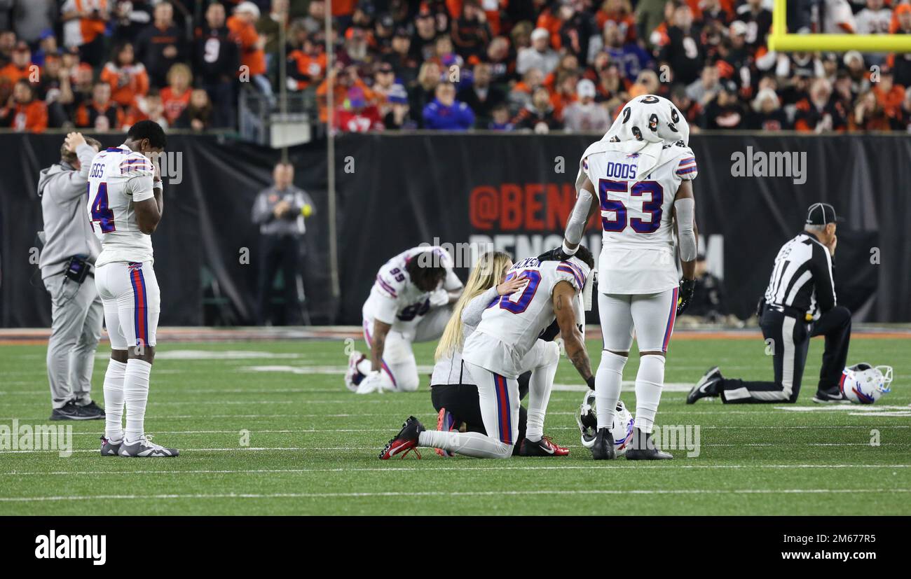 Chicago, United States. 24th Dec, 2022. Buffalo Bills safety Damar Hamlin  (3) celebrates a fumble recovery by teammate Tim Settle during the Bills  35-13 Christmas Eve win over the Chicago Bears at