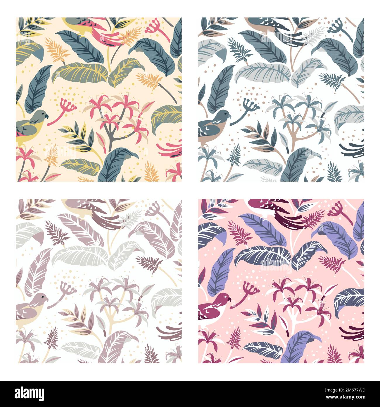Pastel birds in nature seamless patterned backgrounds set vector Stock Vector