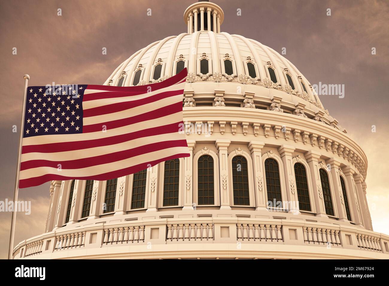 Beautiful flag of the United States of America waving with the strong wind and behind it the dome of the Capitol USA 3D RENDER, 3D RENDERING. Stock Photo