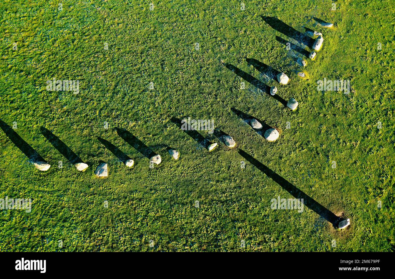 Long Meg and Her Daughters. Prehistoric Neolithic stone circle. Langwathby, Cumbria, UK. Aerial of circle segment with tall outlier stone Long Meg Stock Photo