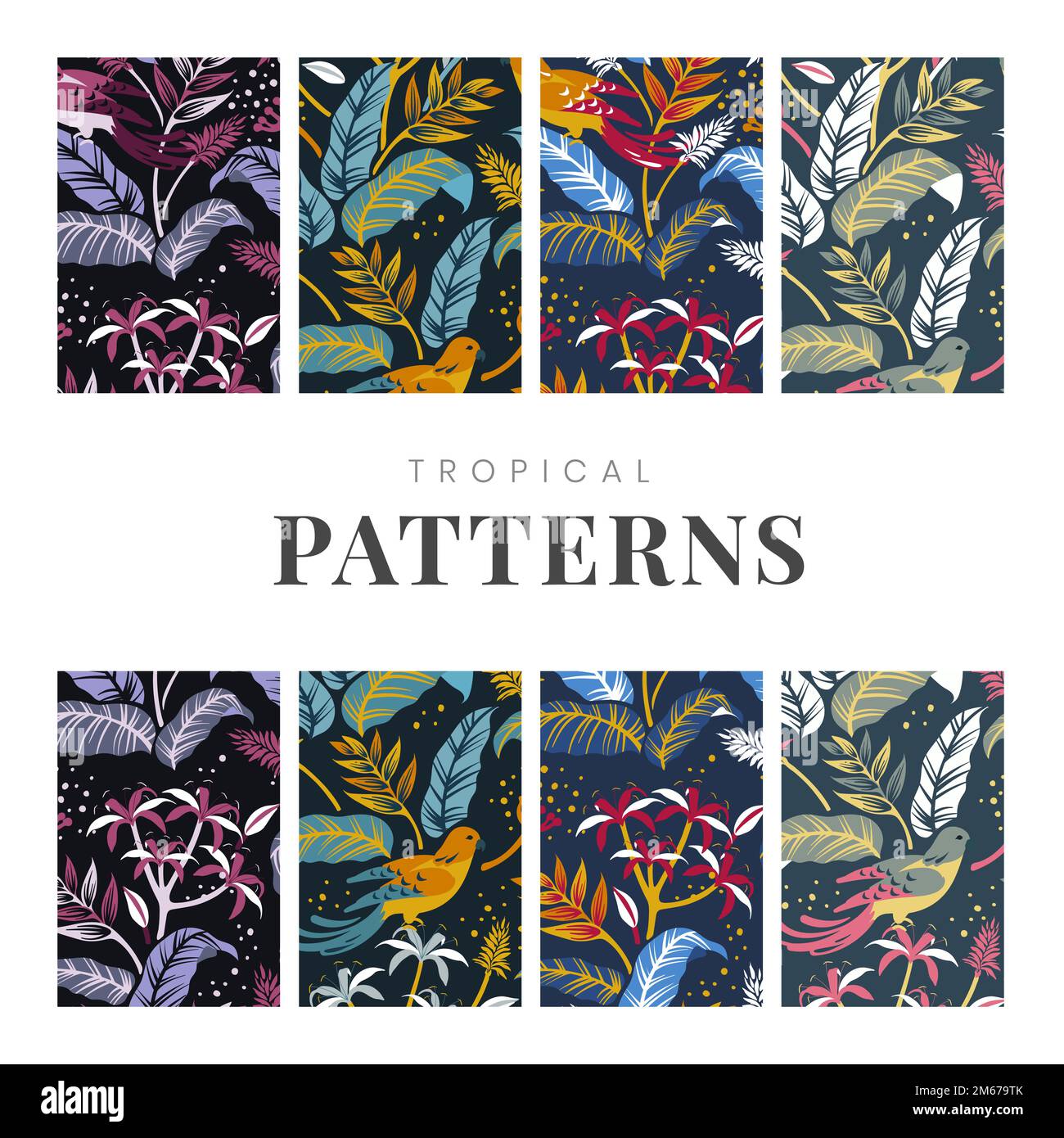 Colorful birds in nature seamless patterned backgrounds set vector Stock Vector