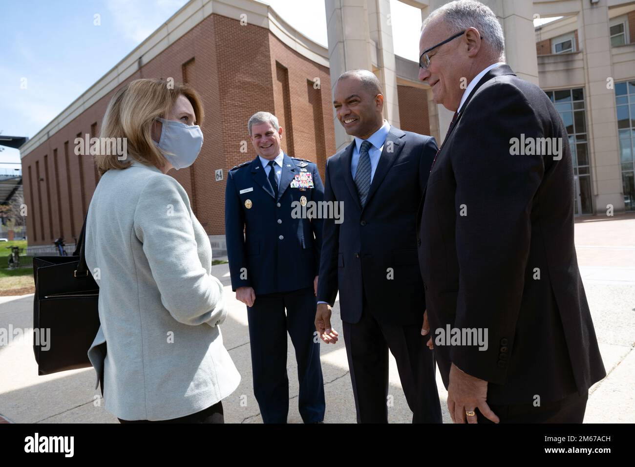 Deputy Secretary of Defense Kathleen H. Hicks greets, from left, Air Force Lt. Gen. Michael T. Plehn, president of the National Defense University; Gregory S. Nixon, Business Executives for National Security (BENS) Board of Directors; and BENS Chief Operating Officer Guy “Tom” Cosentino, before an industry discussion at the National Defense University, Washington, D.C., April 11, 2022. (DoD photo by Lisa Ferdinando) Stock Photo