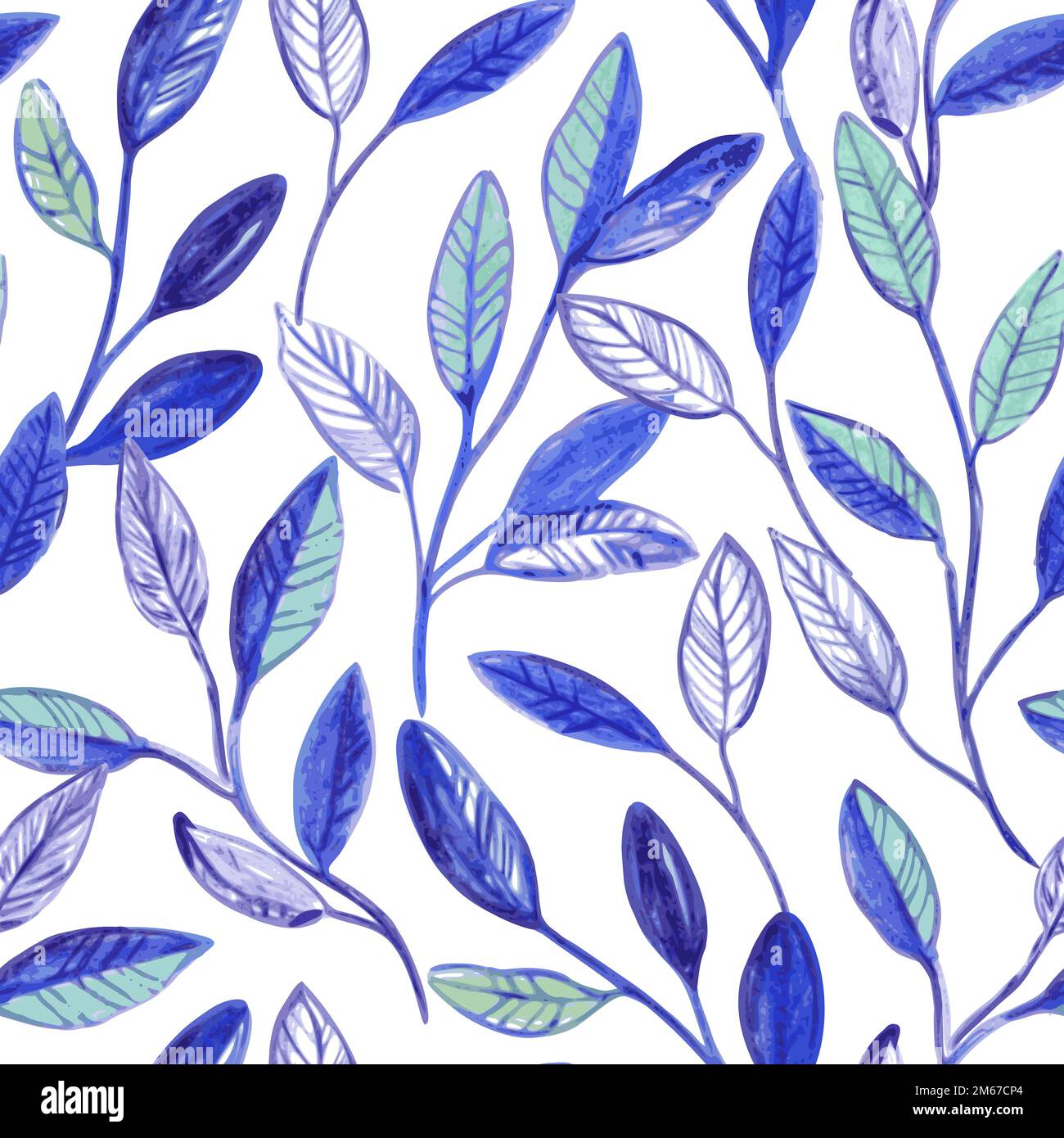 Minimalist hand drawn abstract seamless pattern with blue branches and ...