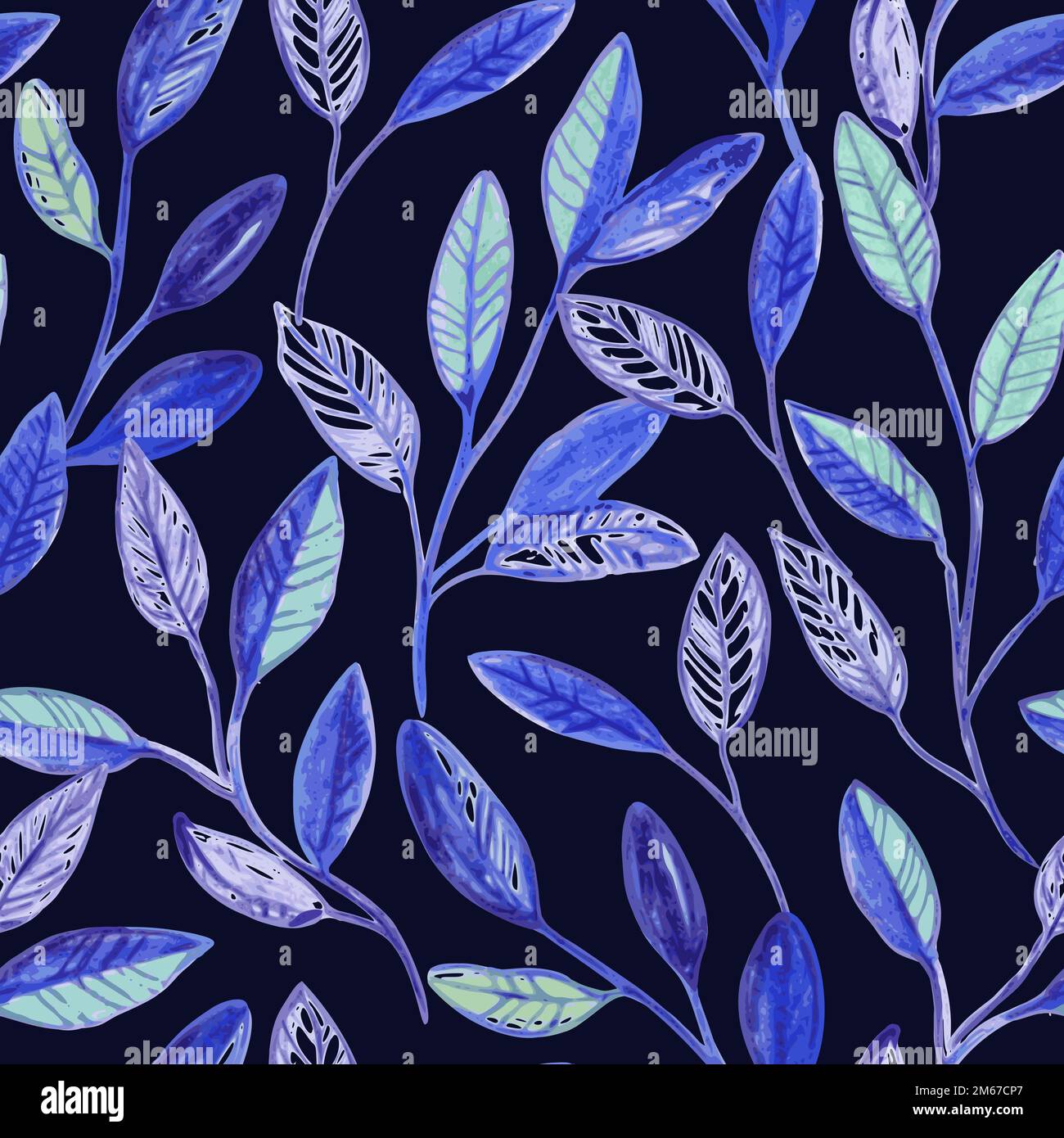 Minimalist hand drawn abstract seamless pattern with blue branches and ...