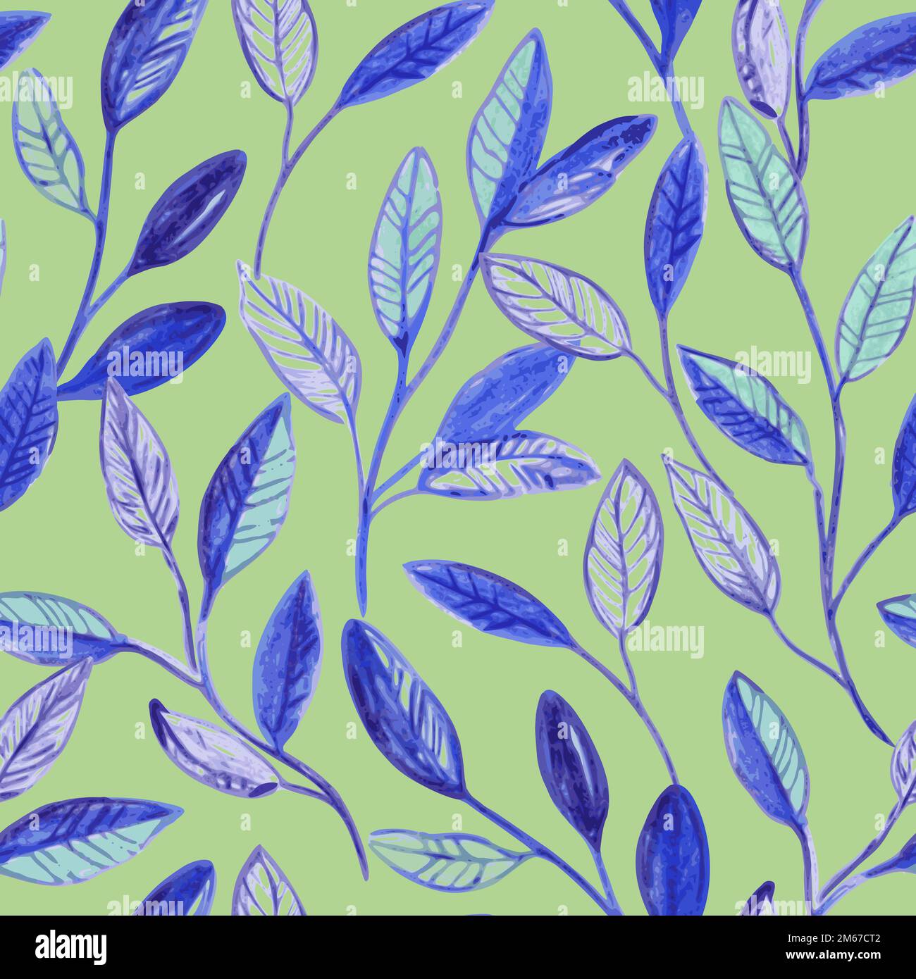 Minimalist hand drawn abstract seamless pattern with blue branches and ...