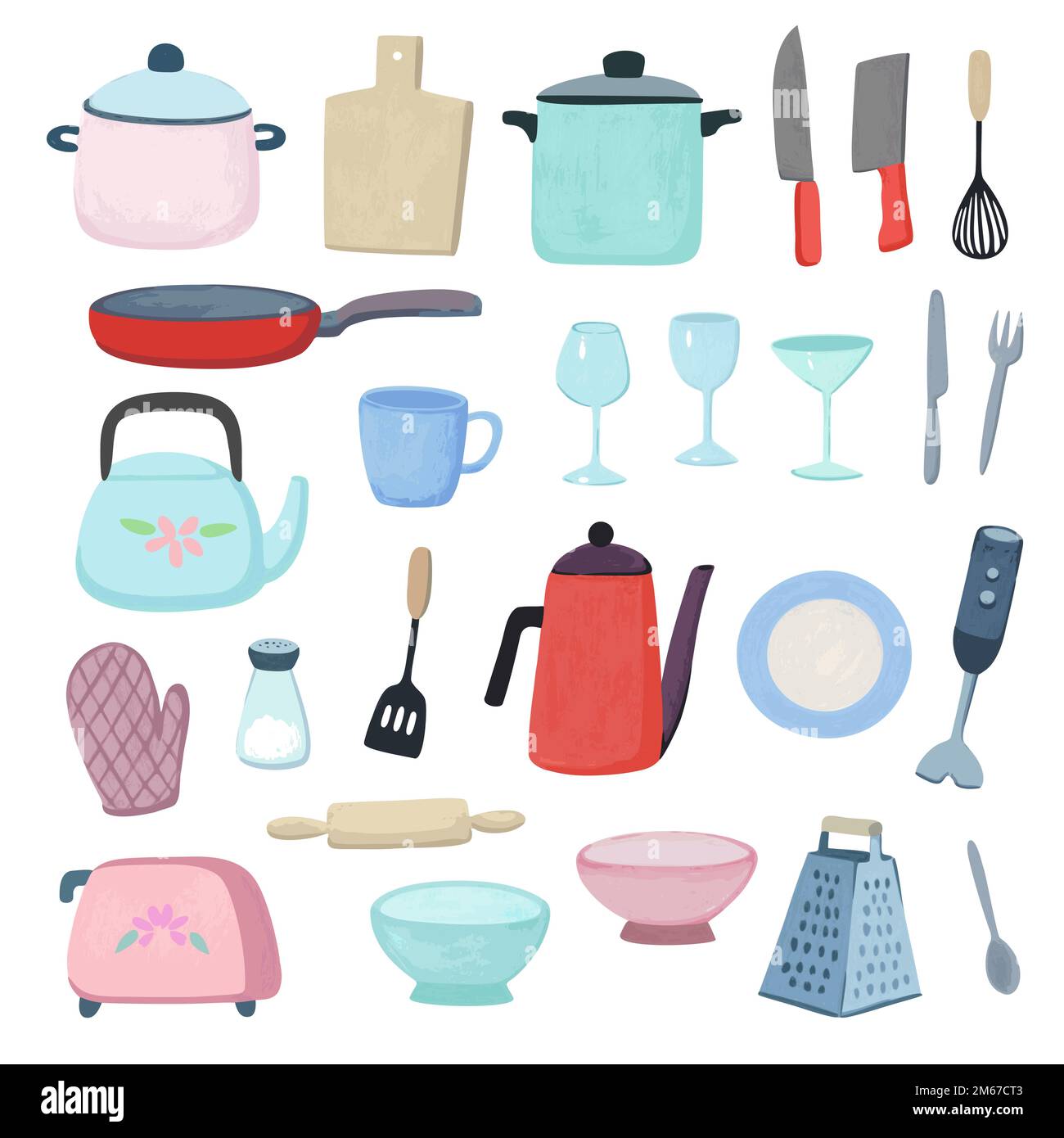 Kitchenware collection. Set of dishes, cookware and glassware. Hand