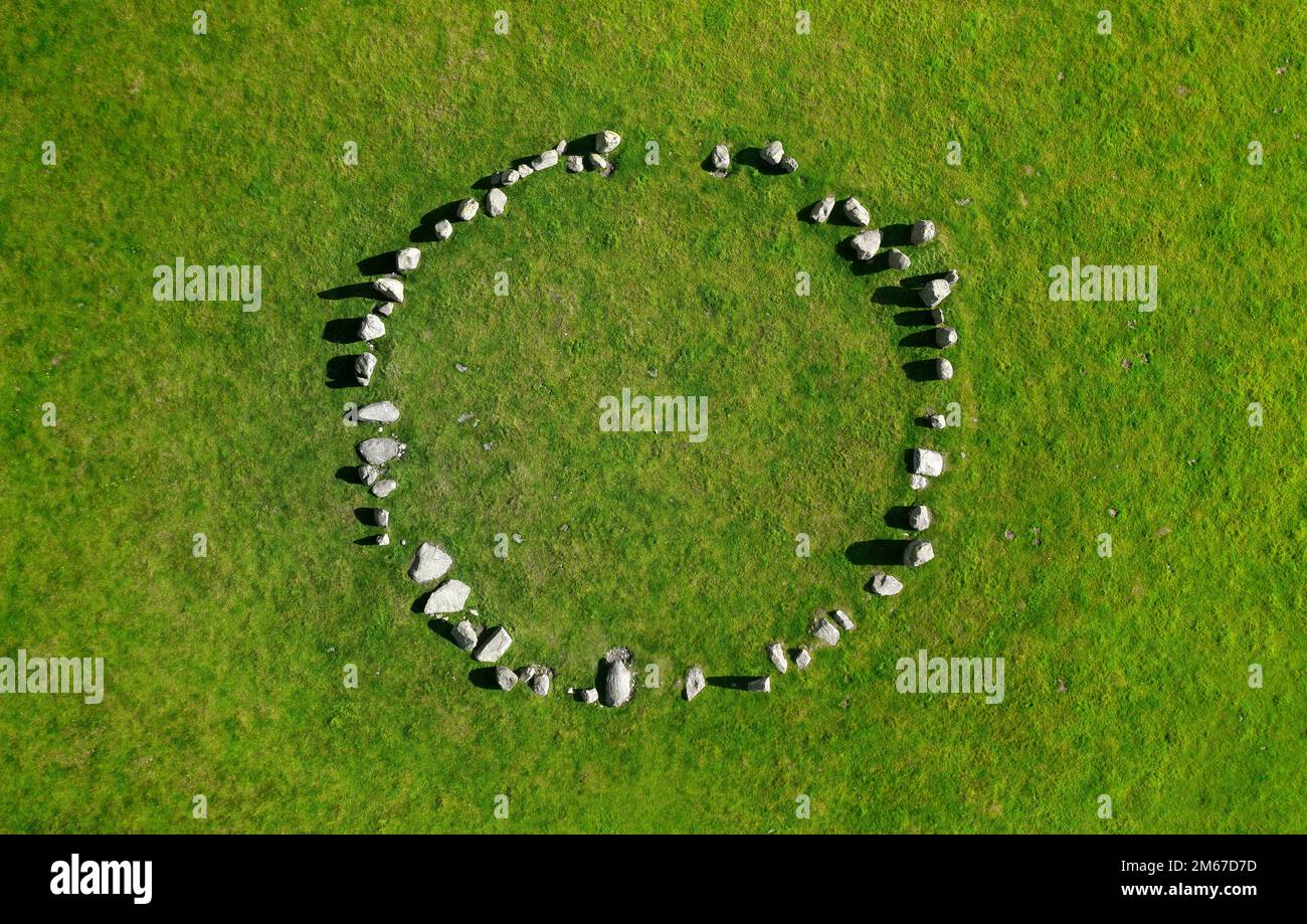 Swinside stone circle aka Sunkenkirk. Near Broughton in Furness, Cumbria. Neolithic. Aerial drone Stock Photo