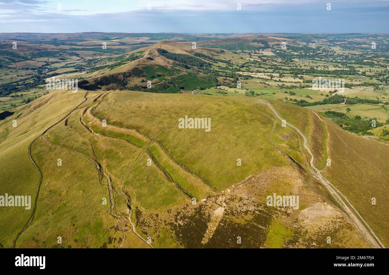 Mam Tor Prehistoric late Bronze Age early Iron Age univallate hill fort above Castleton in Derbyshire, England. Aerial looking N.E. Stock Photo