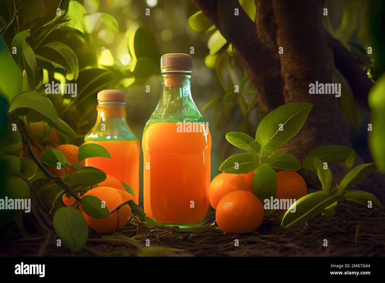 https://c8.alamy.com/comp/2M67G44/two-bottles-of-fresh-orange-juice-among-the-foliage-outdoor-2M67G44.jpg