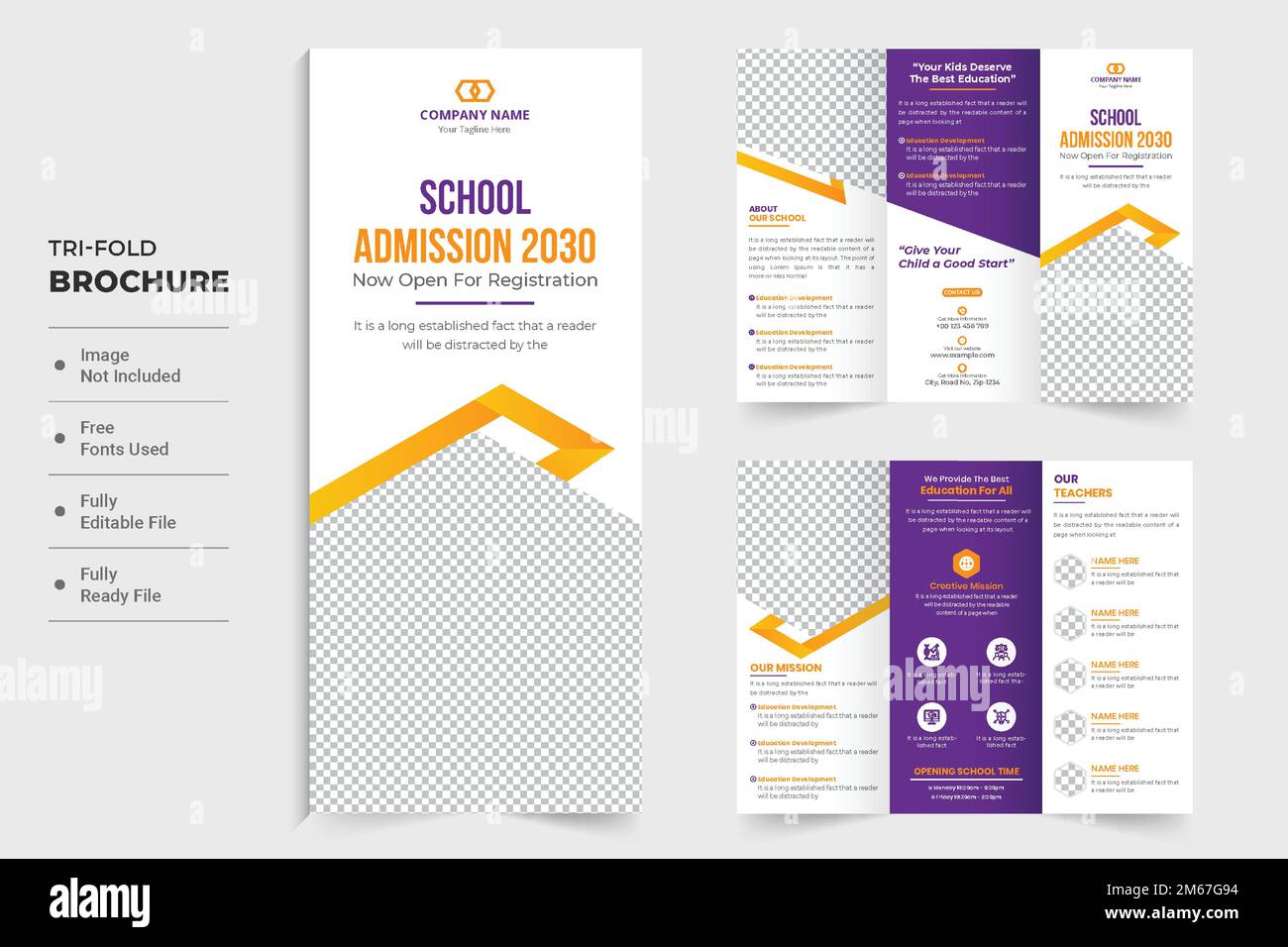 Academic education promotional brochure template for school or university. Back to school trifold brochure design with yellow and purple colors. Schoo Stock Vector