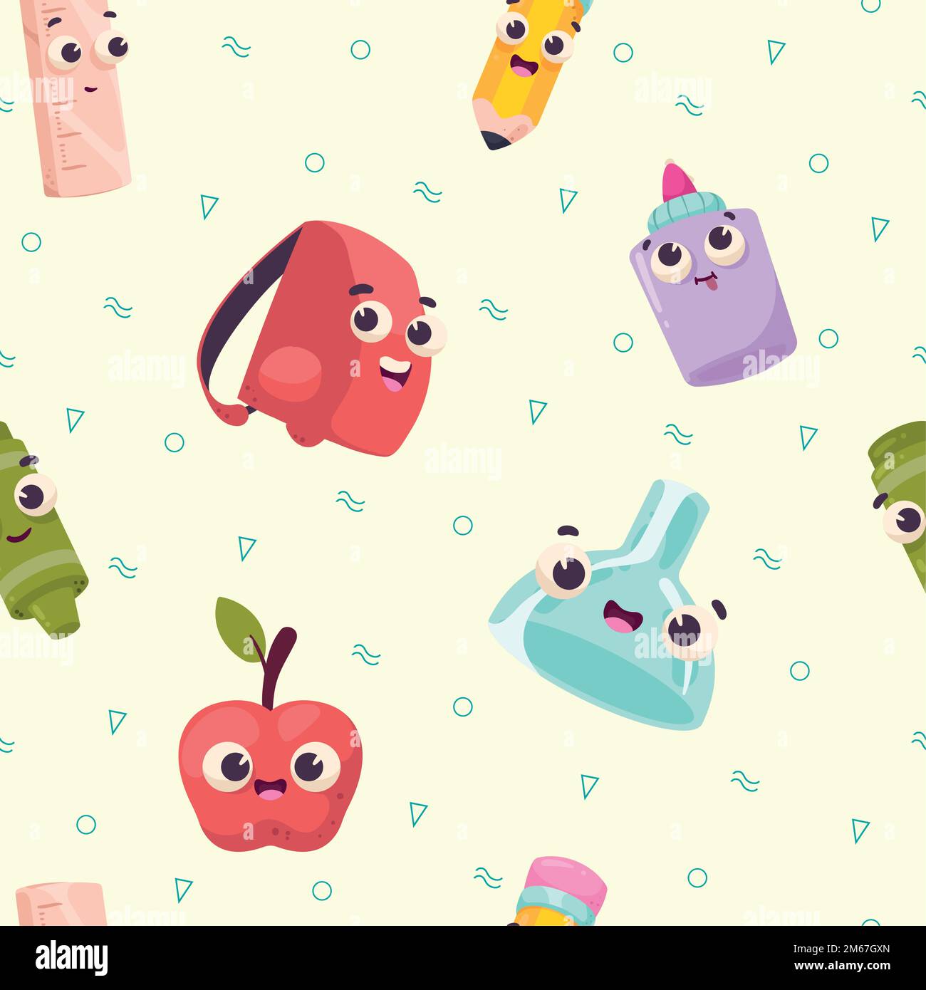 school supplies kawaii pattern Stock Vector