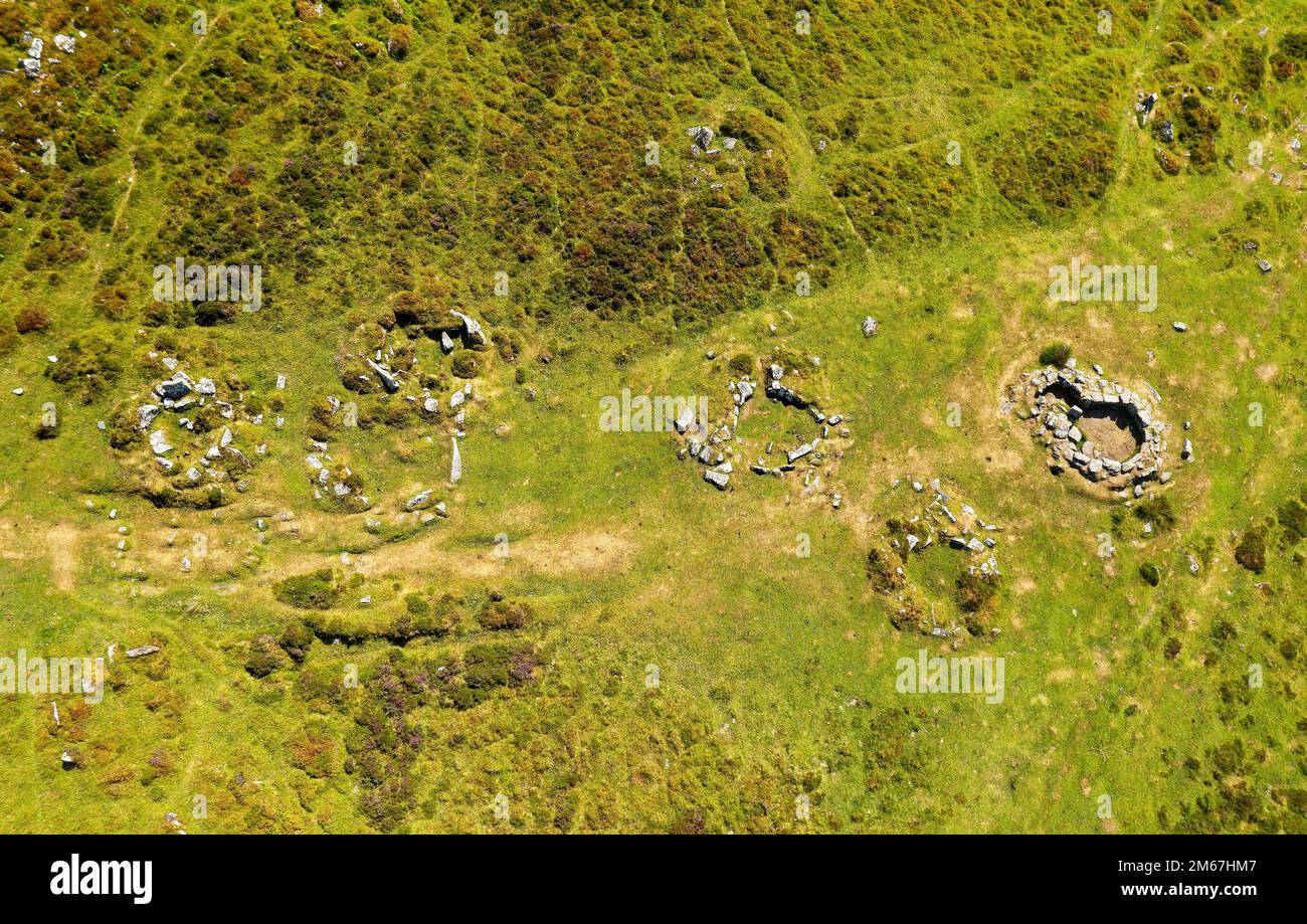 Grimspound Bronze Age enclosed settlement on Dartmoor north of Widecombe in the Moor. Aerial of interior showing several of the 24+ stone hut circles Stock Photo