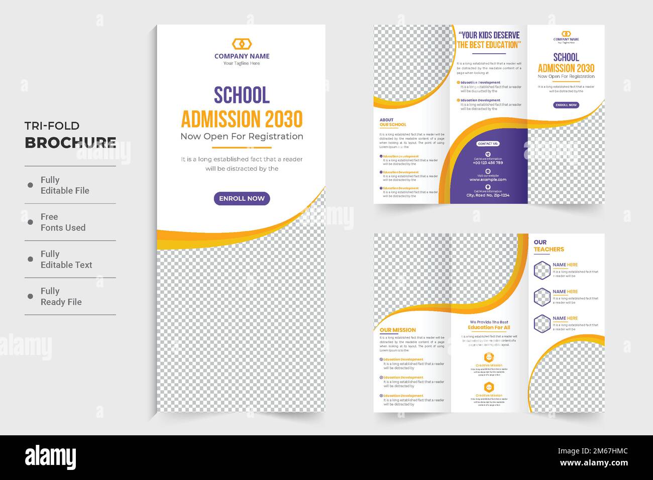 Modern school admission and daily activities promotional template with photo placeholders. Academic trifold brochure design with creative shapes and i Stock Vector
