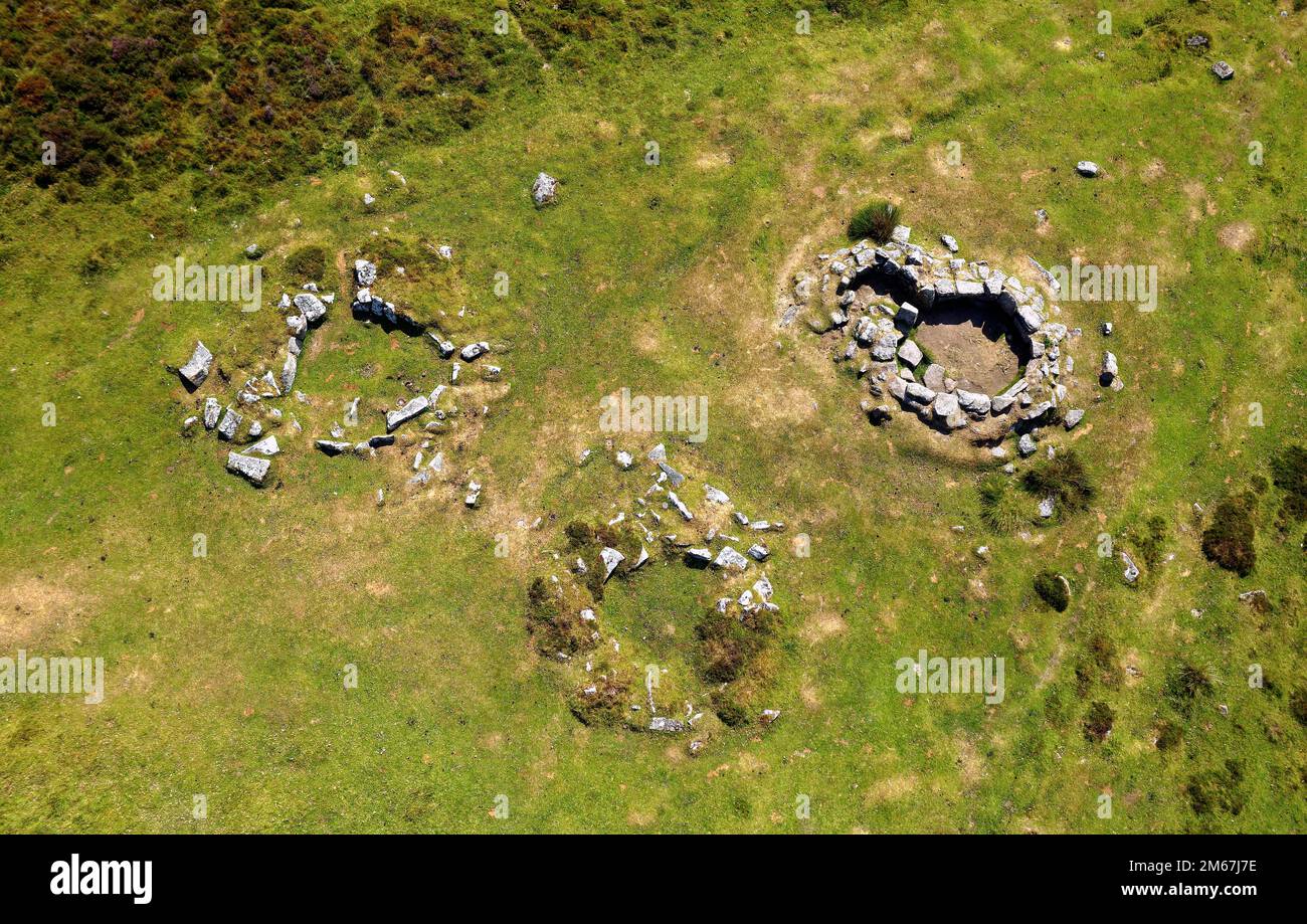 Grimspound Bronze Age enclosed settlement on Dartmoor north of Widecombe in the Moor. Aerial of interior showing three of the 24+ stone hut circles Stock Photo
