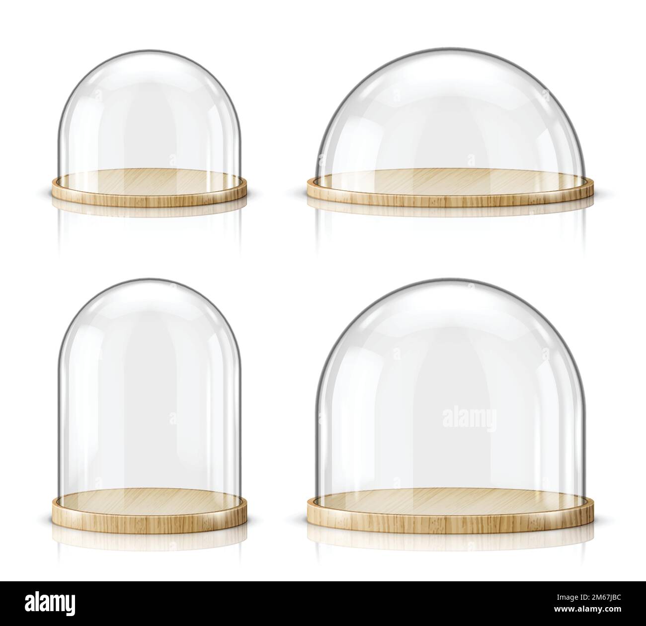 Glass dome and wooden tray realistic vector. Glass round dome of various shapes with light wood plate, food storage container or product presentation case with reflection, isolated on white background Stock Vector