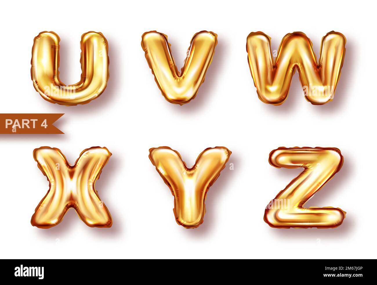 Alphabet golden balloons realistic vector. Inflatable golden letters of metal foil for childrens parties, shining font isolated on white background, part 4 Stock Vector