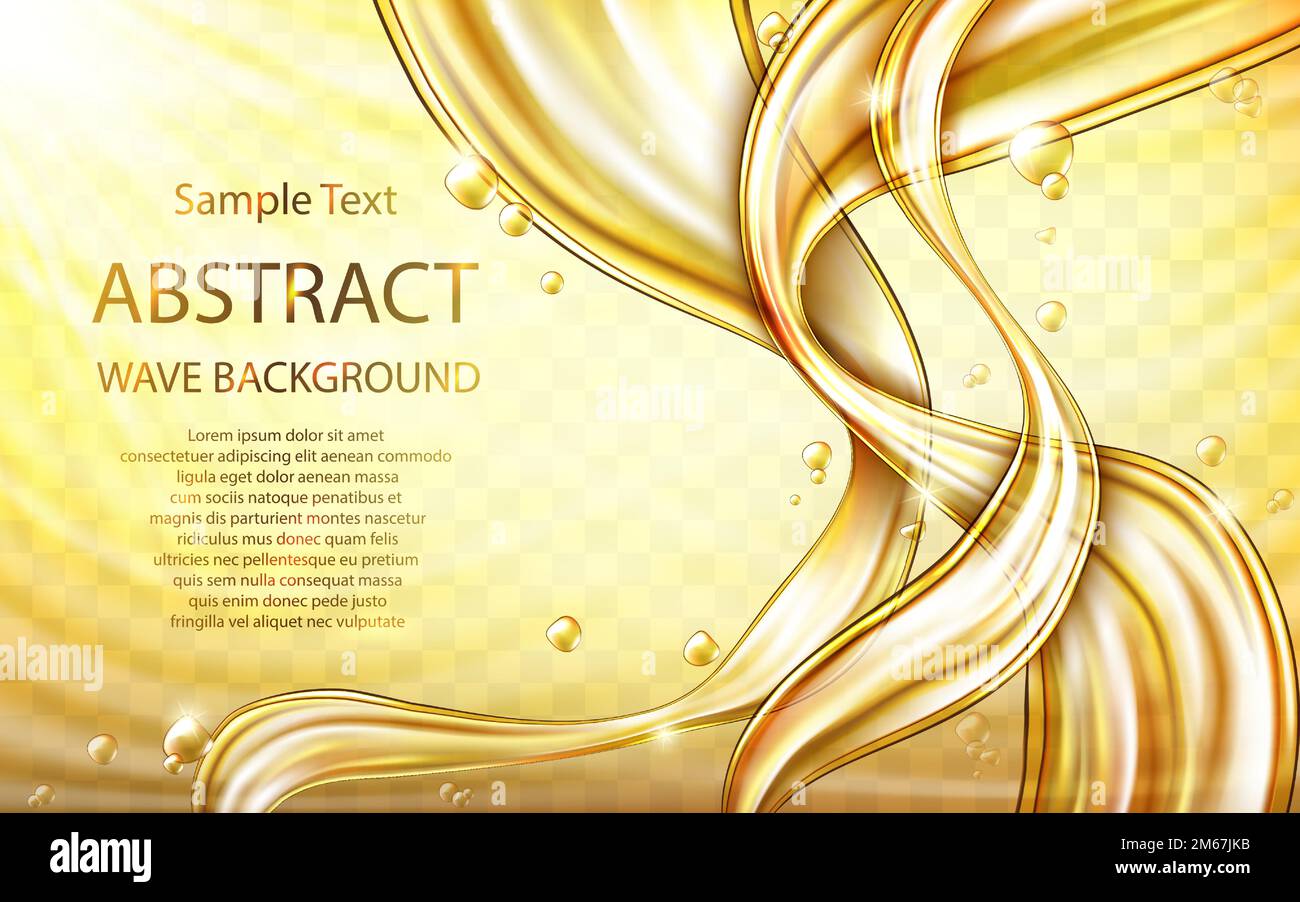 Yellow golden flowing liquid vector abstract wavy background, oil texture with flying drops. Streams of oil, honey or fluid with light element. Template for cosmetic, sale banner or flyer. Stock Vector