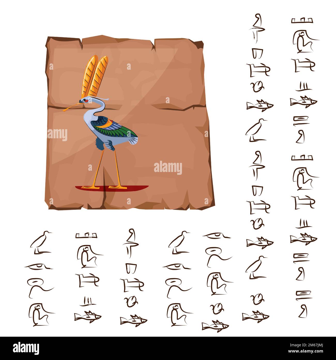 Ancient Egypt papyrus or stone column with white ibis cartoon vector illustration. Ancient paper with hieroglyph for storing information, Egyptian culture religious symbol isolated on white background Stock Vector