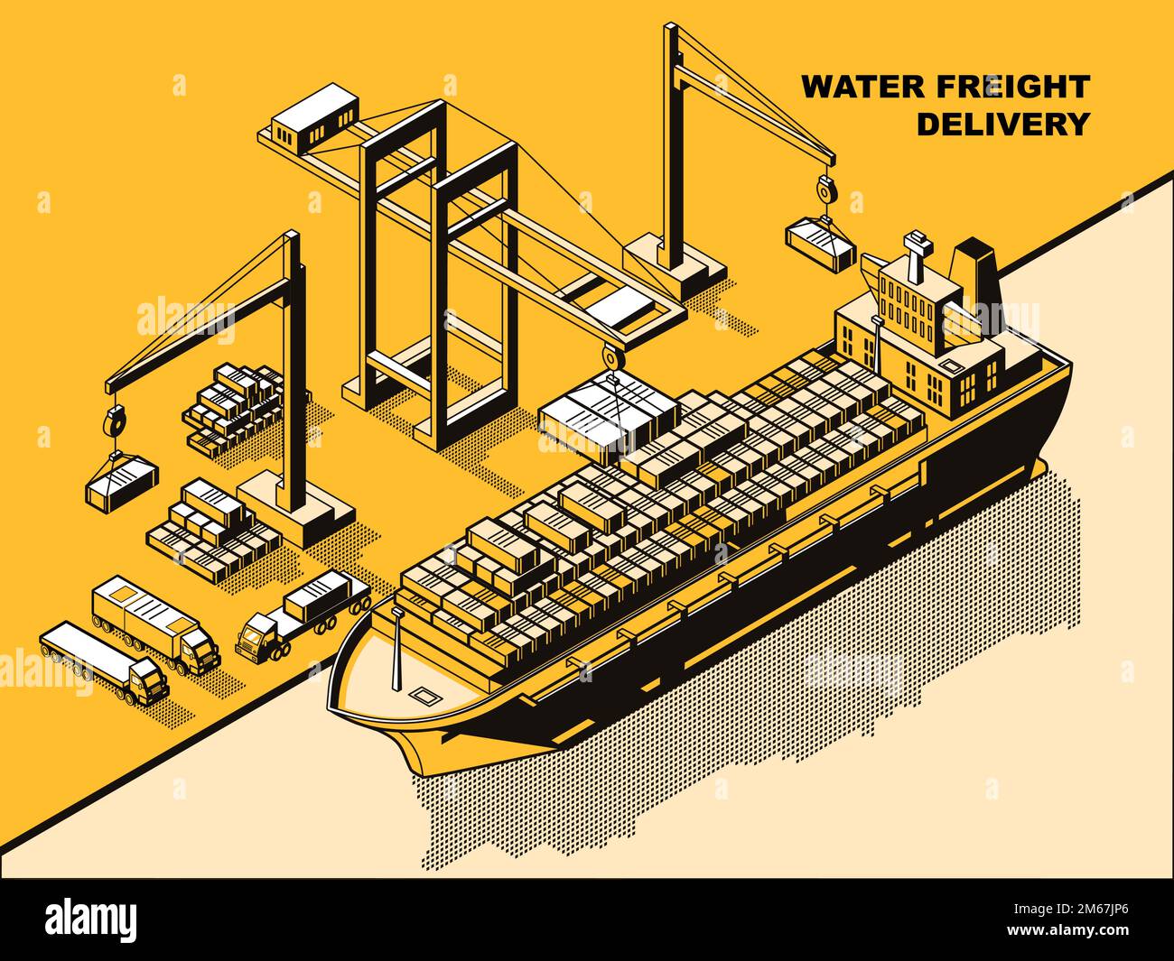 Water freight delivery, yellow isometric line art vector concept. Sea