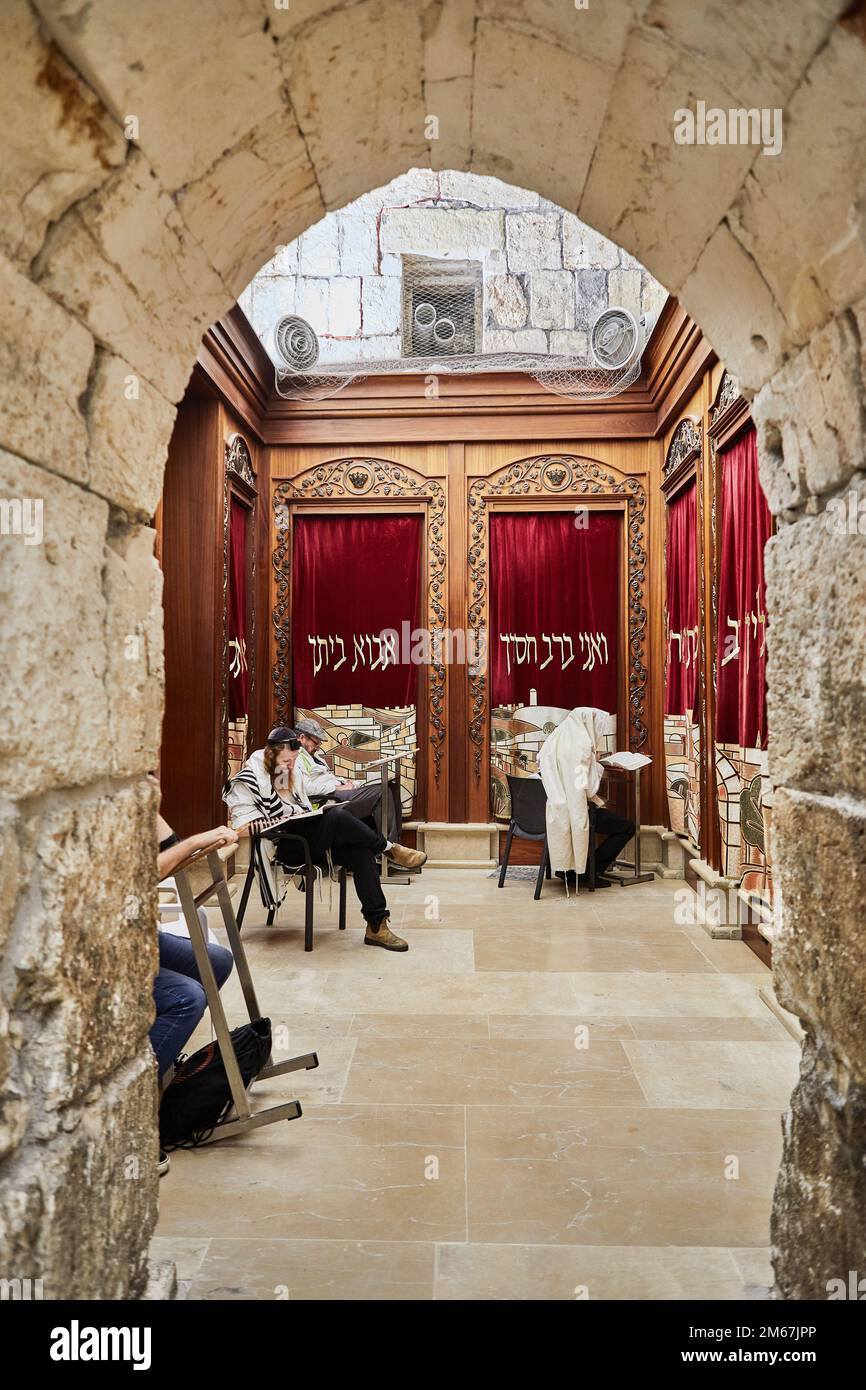 Room for prayers. To the left of the Wailing Wall with the saints is the Ark of the Covenant in Jerusalem Stock Photo