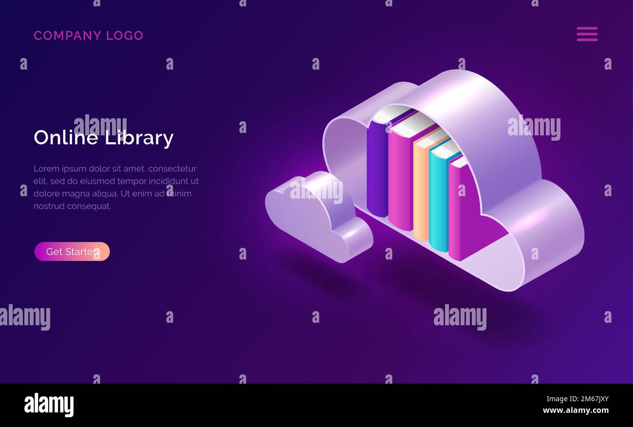 Online library isometric concept vector illustration. Virtual cloud