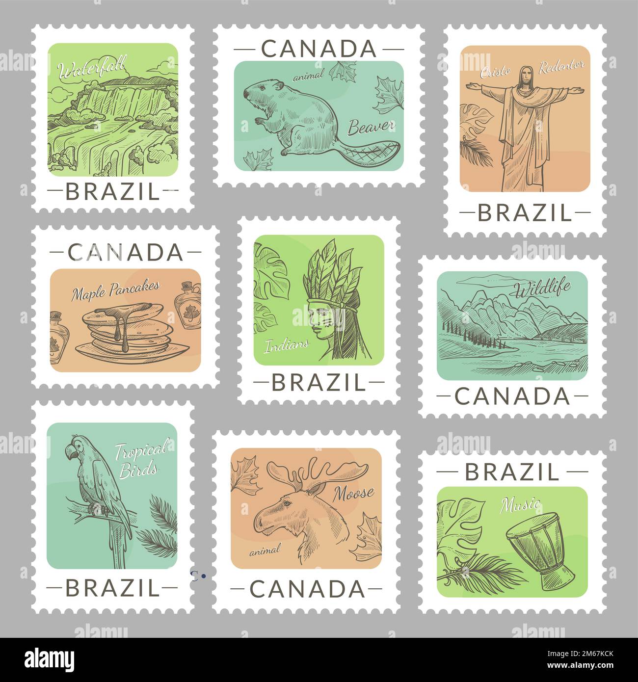 Post mark set with canada, brazil national elements Stock Vector