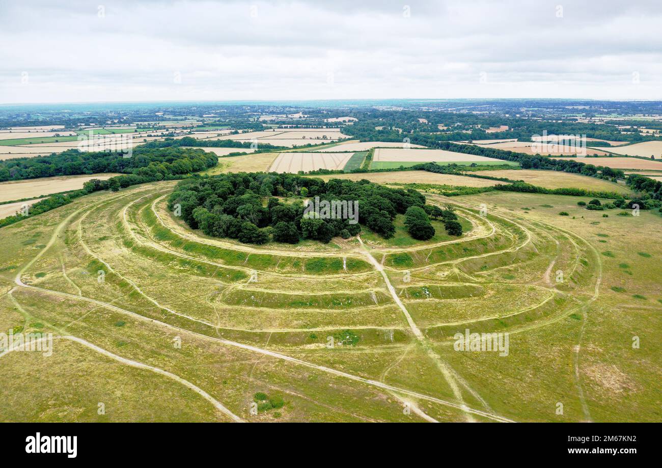 Badbury Rings prehistoric Iron Age hill fort near Bournemouth, Dorset. Aerial looking southeast Stock Photo