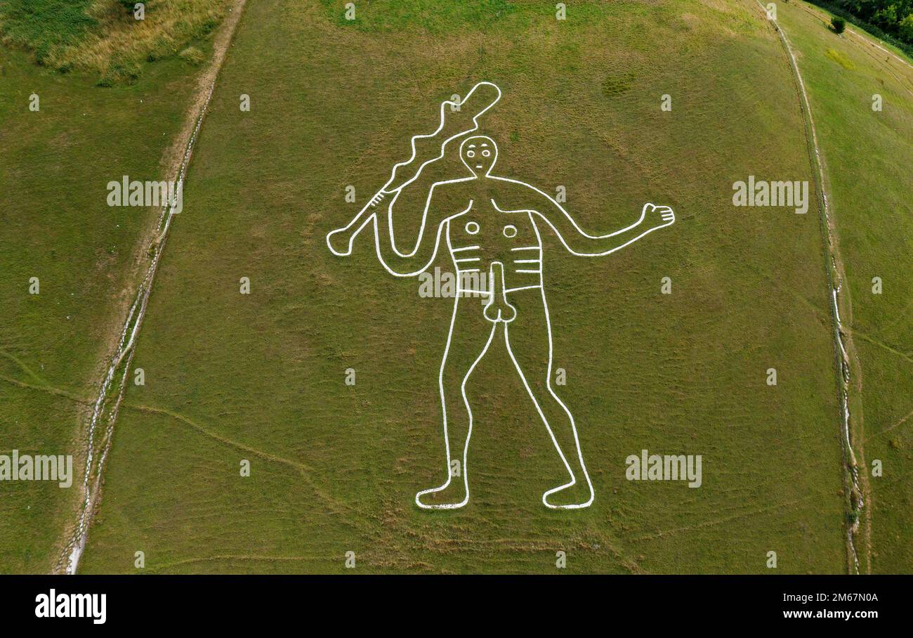 Cerne Abbas Giant, Dorset. Ancient pagan male phallic chalk cut hill figure. 55 metres high. Current dating is approx 1000 years old late Anglo Saxon Stock Photo