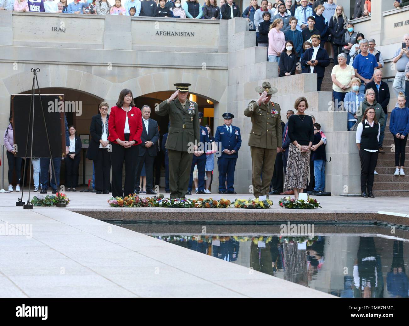 The 38th Commandant of the Marine Corps, Gen. David H. Berger lays a wreath in honor at the Last Post Ceremony for Private William George Taylor at the Australian War Memorial, Canberra, Australia, April 13, 2022. Private Taylor served in the Australian Imperial Force during World War I where he was killed in action on April 13, 1918. The Last Post Ceremony is held every night to share the story behind one of the names on the Roll of Honour. Stock Photo