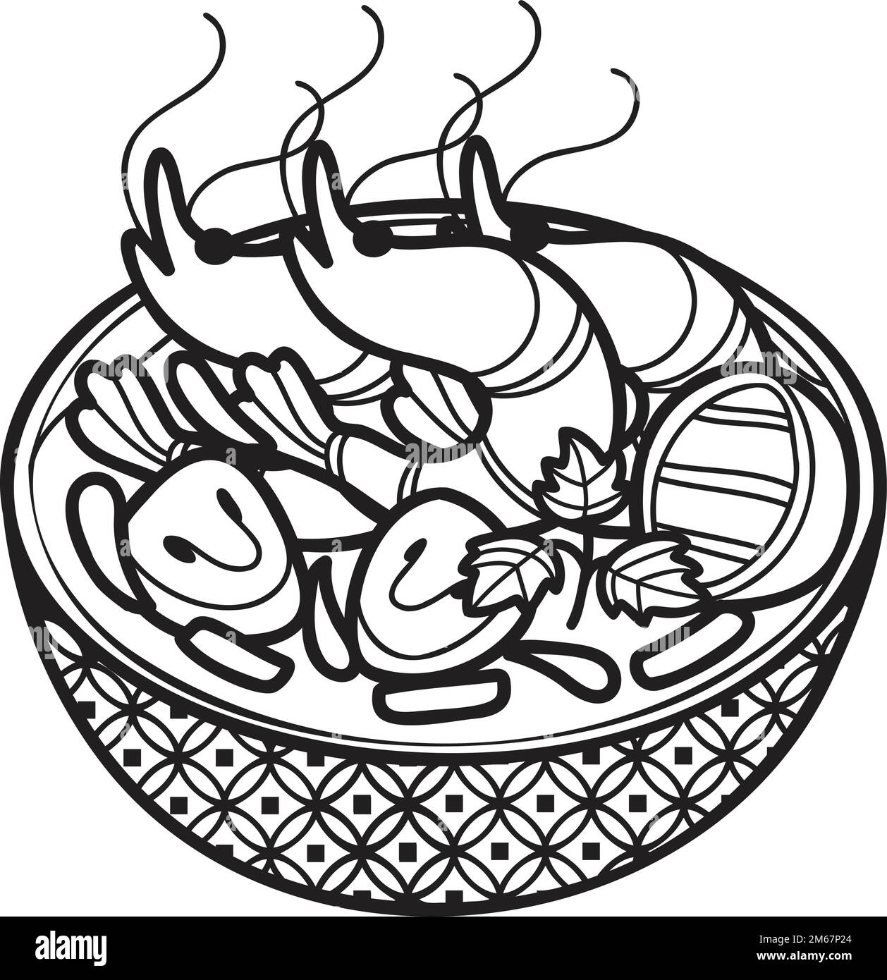 Hand Drawn spicy prawn soup or Thai food illustration isolated on