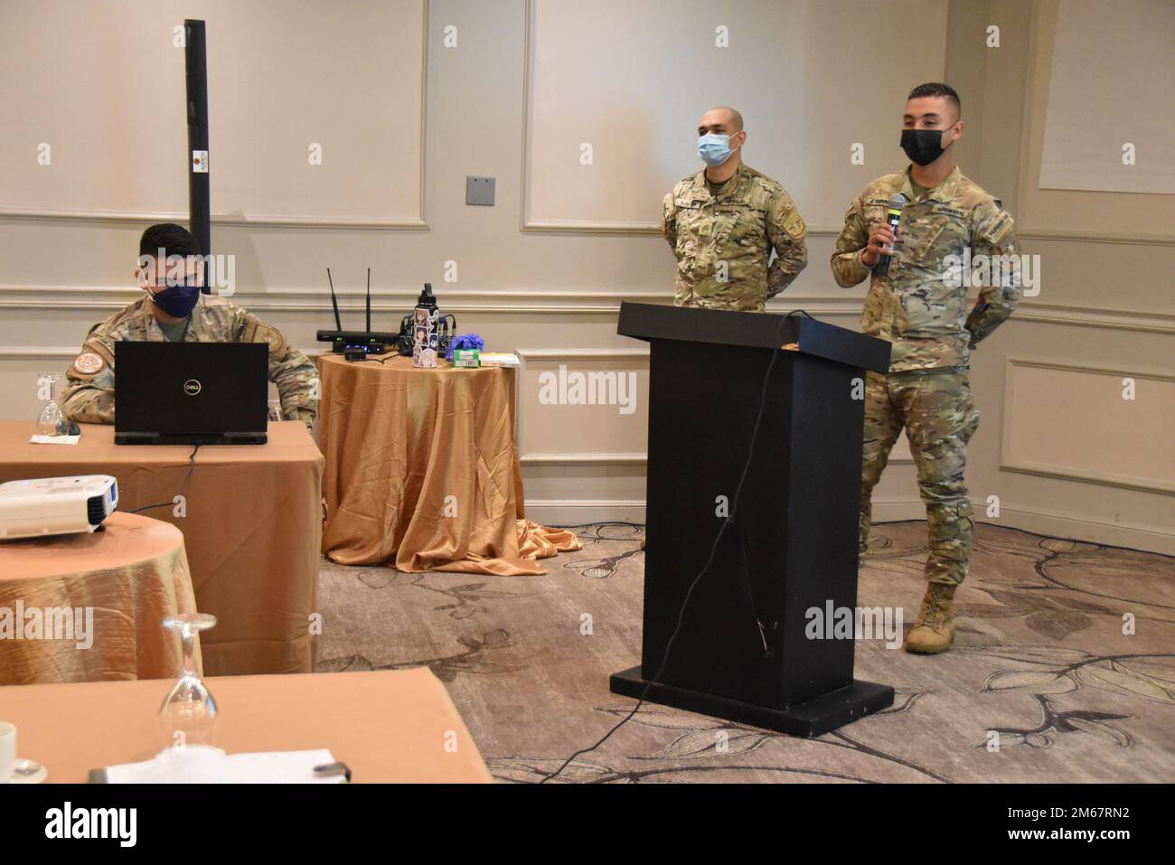 Lt. Diego Chiru (Left), Sgt. Audino Saavadra (Middle), and Agent Jan Rodriguez (Right) from Servicio Nacional Aeronaval or SENAN (National Aeronaval Service), conducted a presentation on case studies in crime scene investigation and best practices during a Subject Matter Expert Exchange (SMEE). The SMEE was a part of the National Guard’s State Partnership Program between the Missouri Army National Guard and members of Panama's law enforcement and protection agencies. The exchange was in Panama City, Panama, April 12-14, 2022. Stock Photo