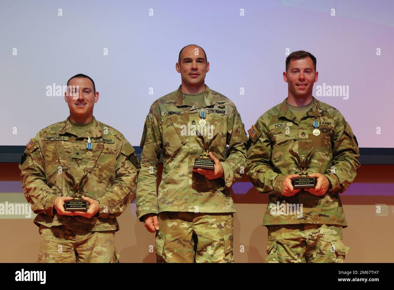 (Left to right) Spc. Brandon Mitchell, with the 337th Engineer Battalion, 55th Maneuver Enhancement Brigade, won the best Soldier portion of the 2022 Best Warrior Competition; Sgt. 1st Class James Cummings, with the 166th Regional Training Institute, won the Command Sgt. Maj. Jay H. Fields award; and Staff Sgt. Jesse Picklo, with the 1-109th Infantry Regiment, 2nd Infantry Combat Brigade, won the best noncommissioned officer portion of the competition. Fifteen enlisted Pennsylvania Army National Guard competed in the Best Warrior Competition April 11-14 at Fort Indiantown Gap, Pa. Stock Photo