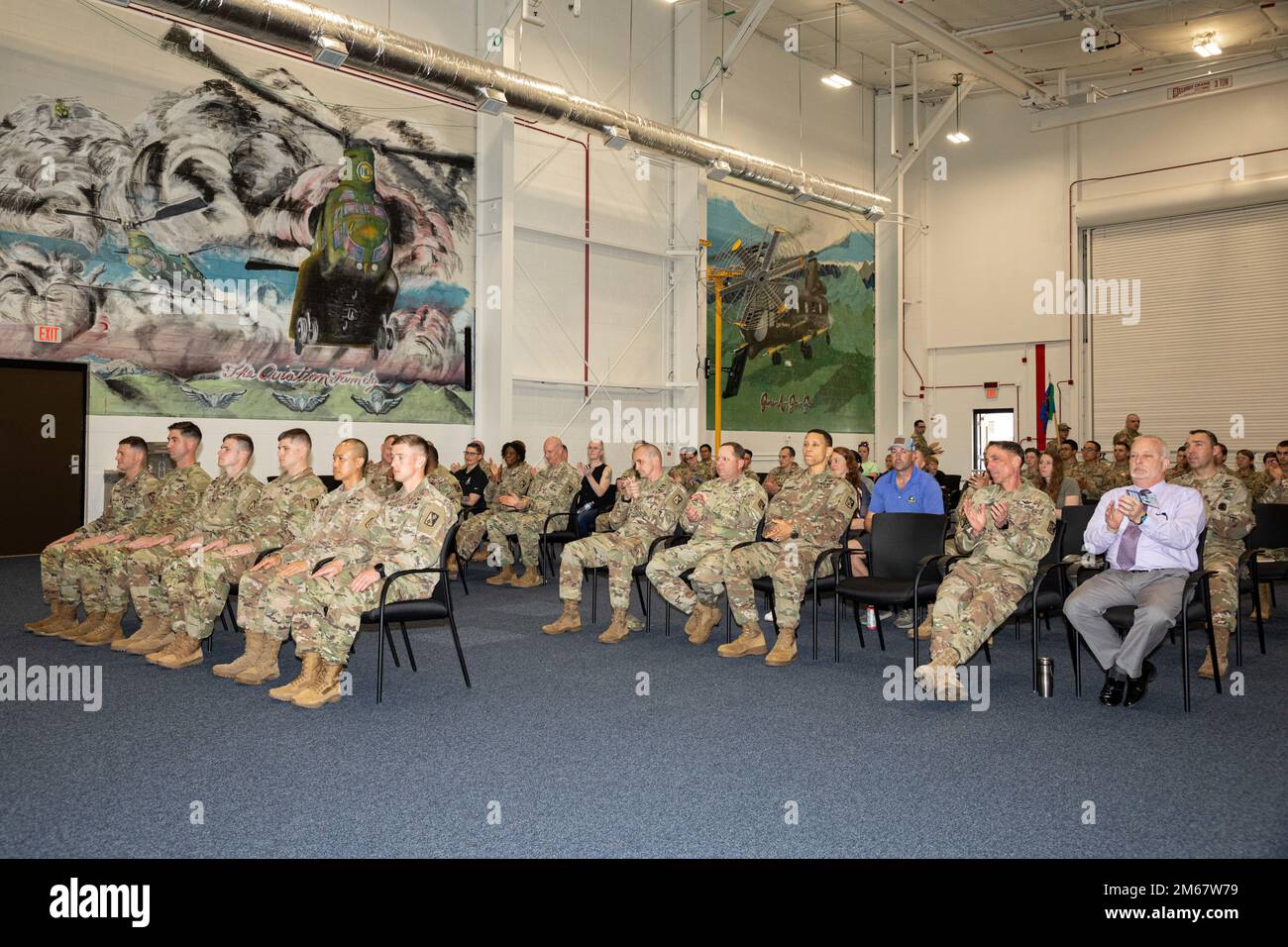 U.S. Army Soldiers, friends, and family members attended a ceremony for the 128th Aviation Brigade Drill Sergeant and Noncommissioned Officer of the Year competition, April 14, 2022 at Fort Eustis, Virginia. Stock Photo